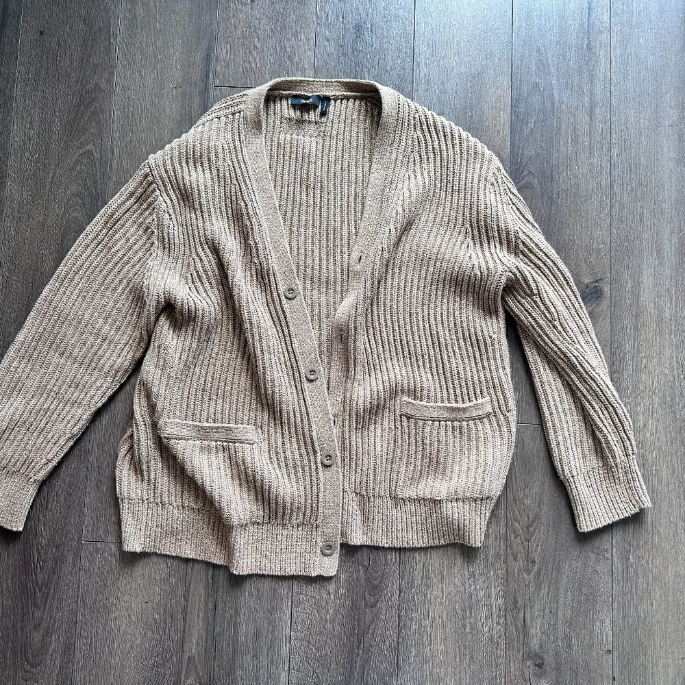 THEORY V-Neck Button Down Heavy Cardigan in Men's XL - Beige with Metal Buttons